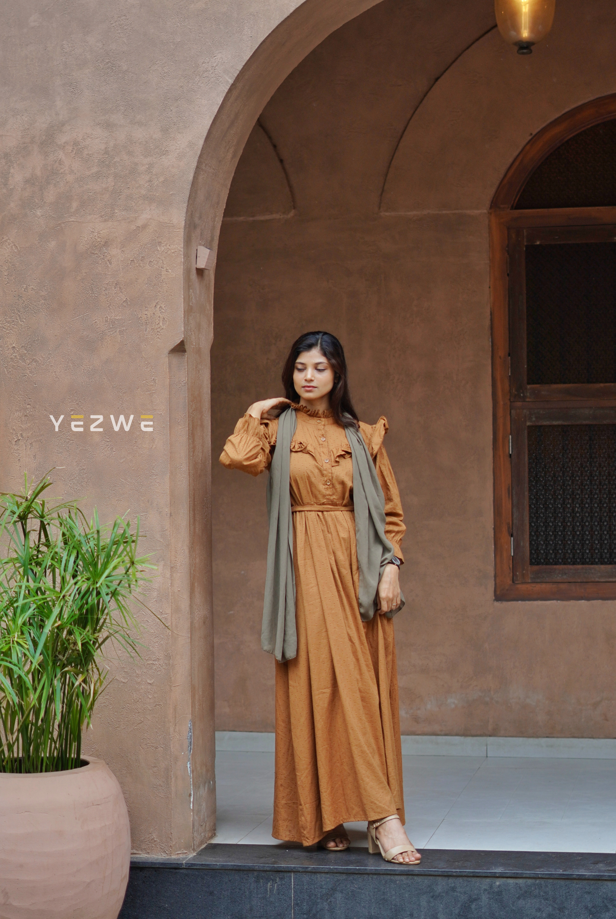 Yezwe Dotted Textured Mustard Yellow Maxi Dress with Cloth Belt - Modest Wear