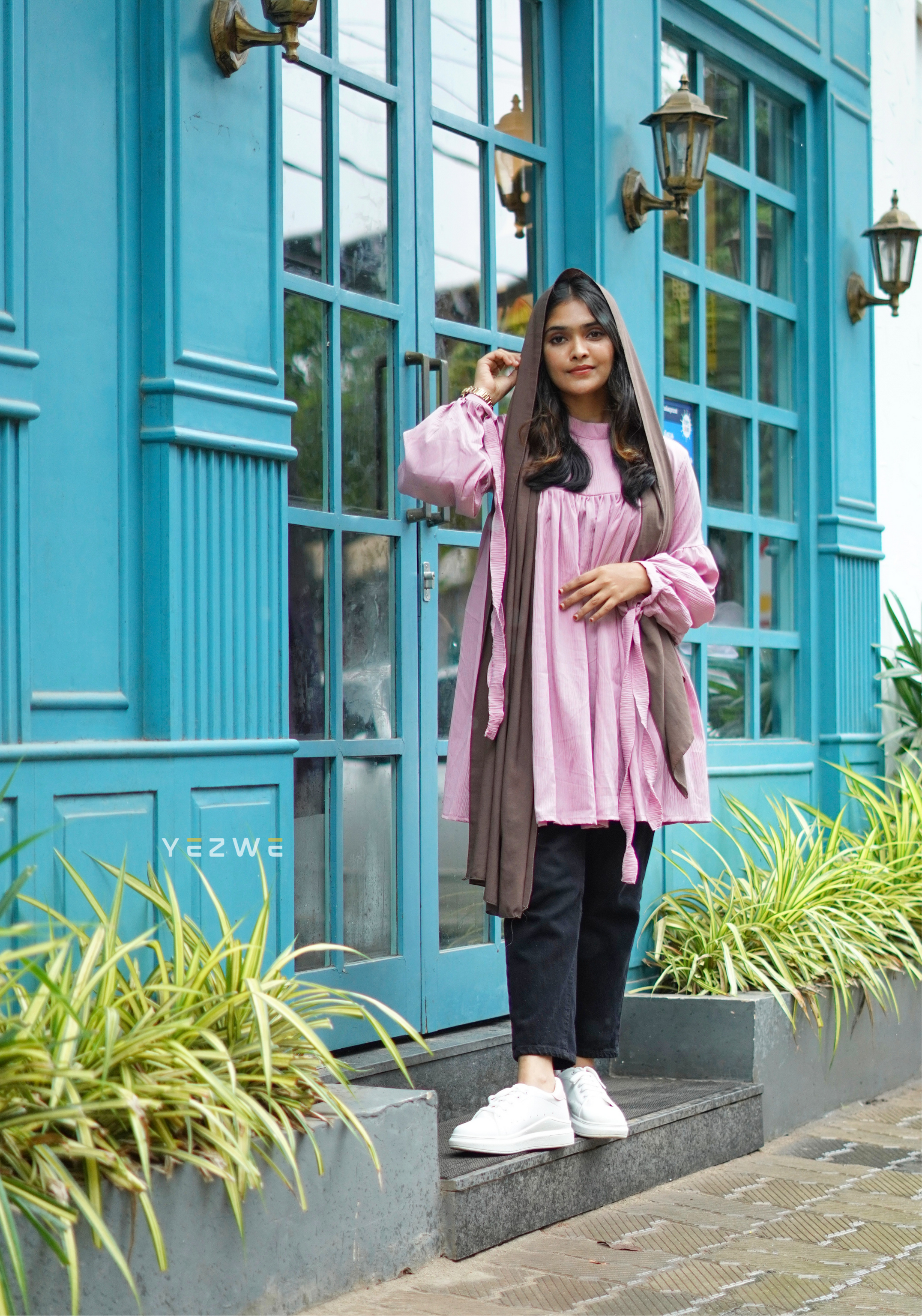 Yezwe Crush Pink and White Top with Sleeve Tie - Modest Wear