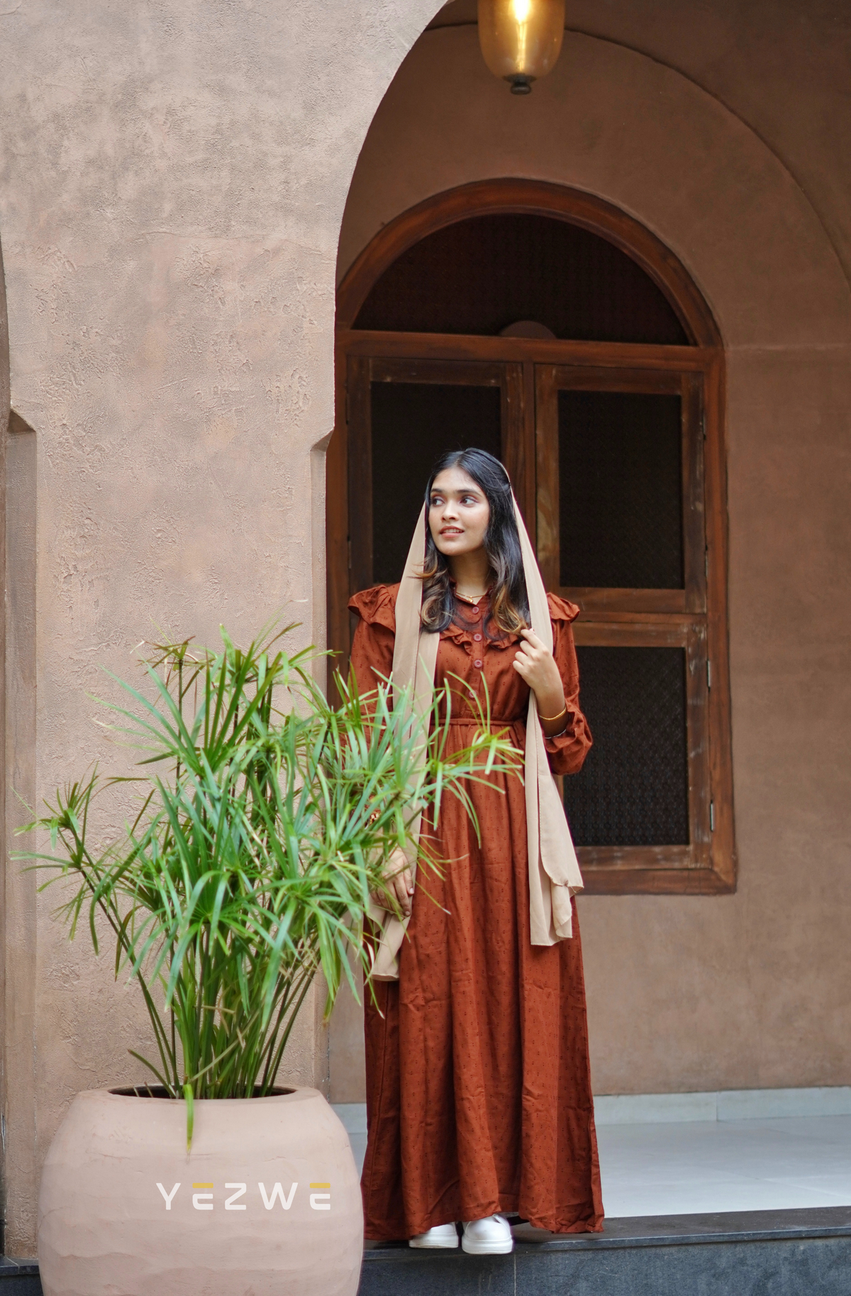 Yezwe Dotted Textured Brick Red Maxi Dress with Cloth Belt - Modest Wear