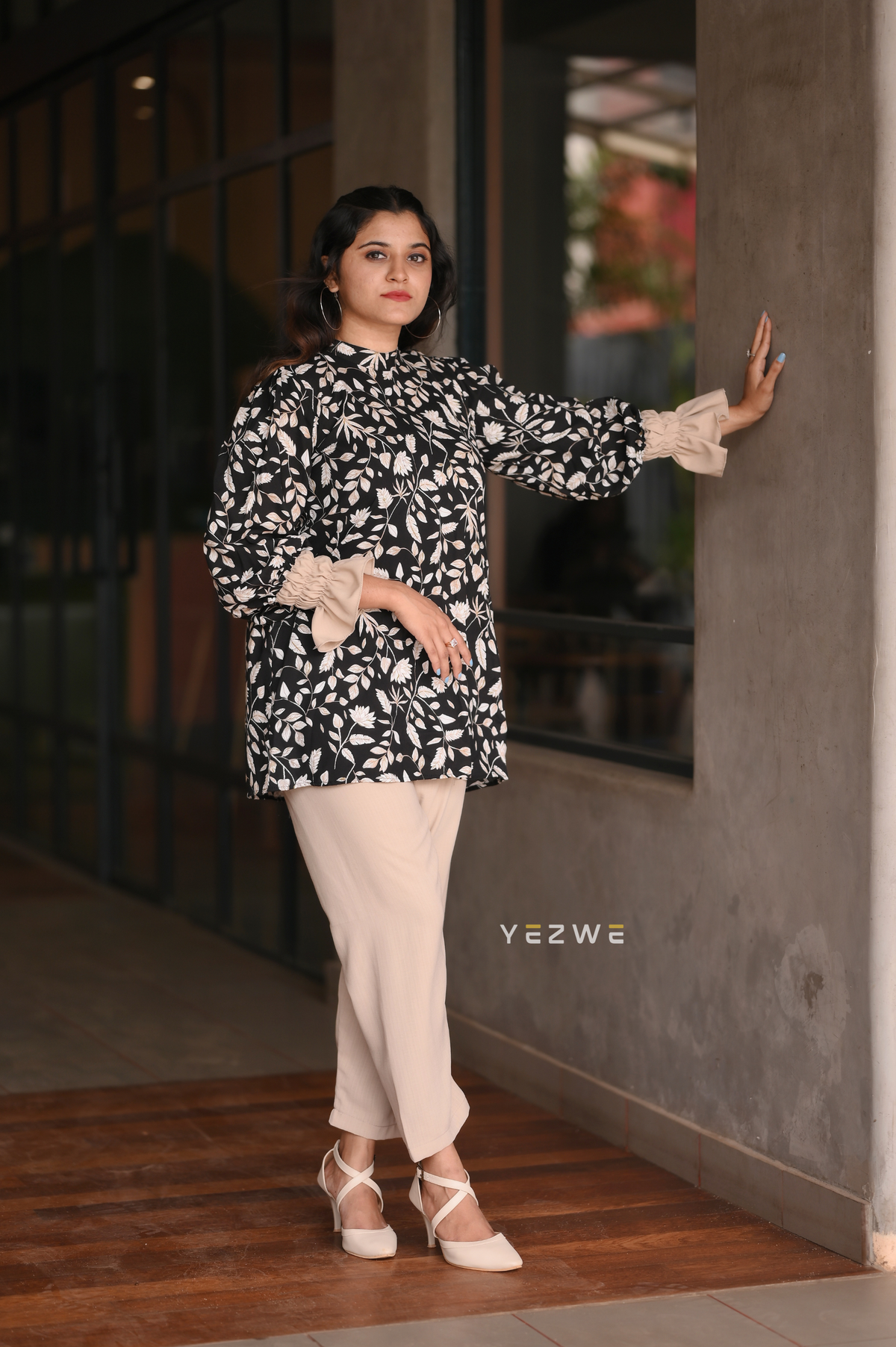 Yezwe Black Floral Print Top and Beige Pant Co-ord Set - Modest Wear