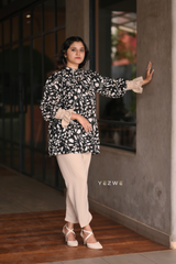 Yezwe Black Floral Print Top and Beige Pant Co-ord Set - Modest Wear