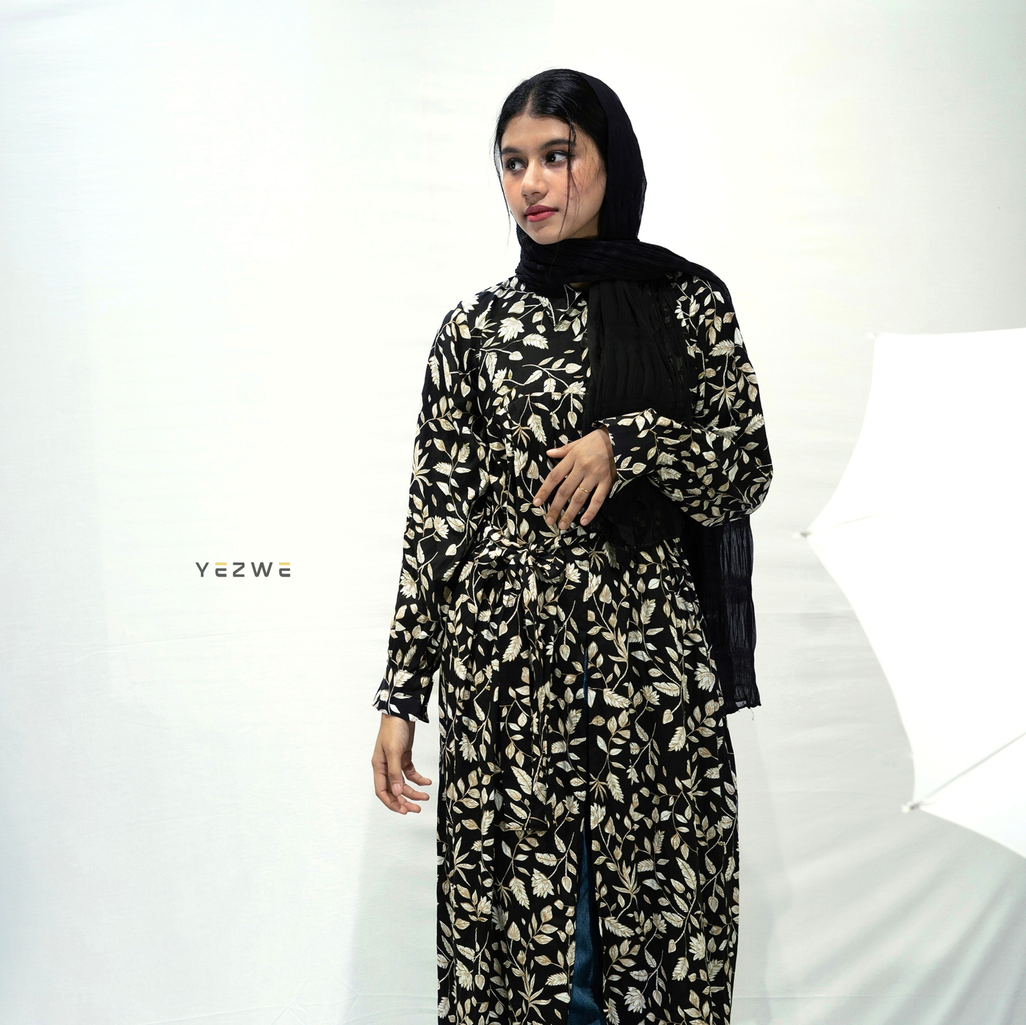 Yezwe Golden Floral Black Full Open Maxi Dress with Cloth Belt - Modest Wear