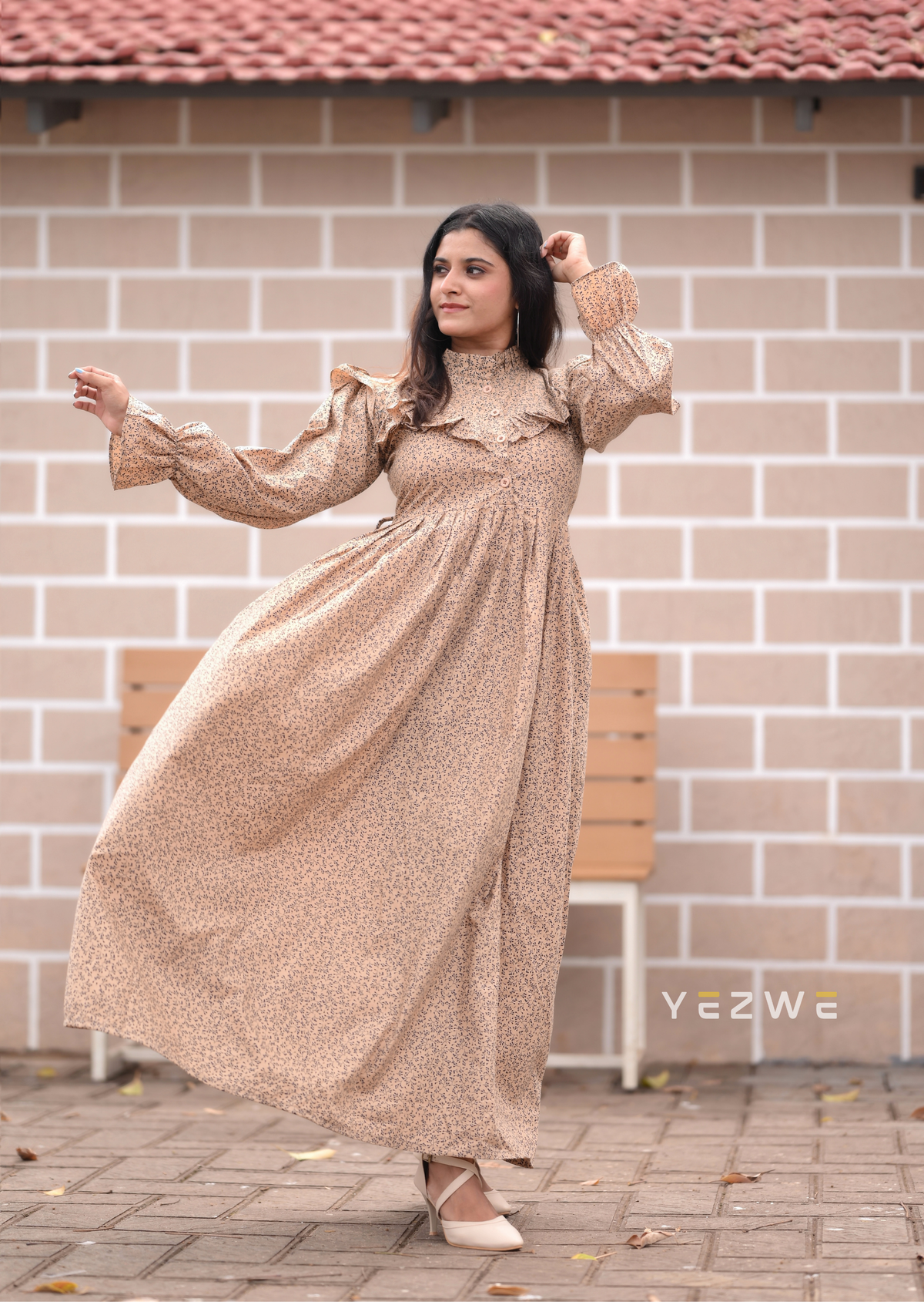 Yezwe Beige Small Print Maxi Dress with Chest Ruffles - Modest Wear