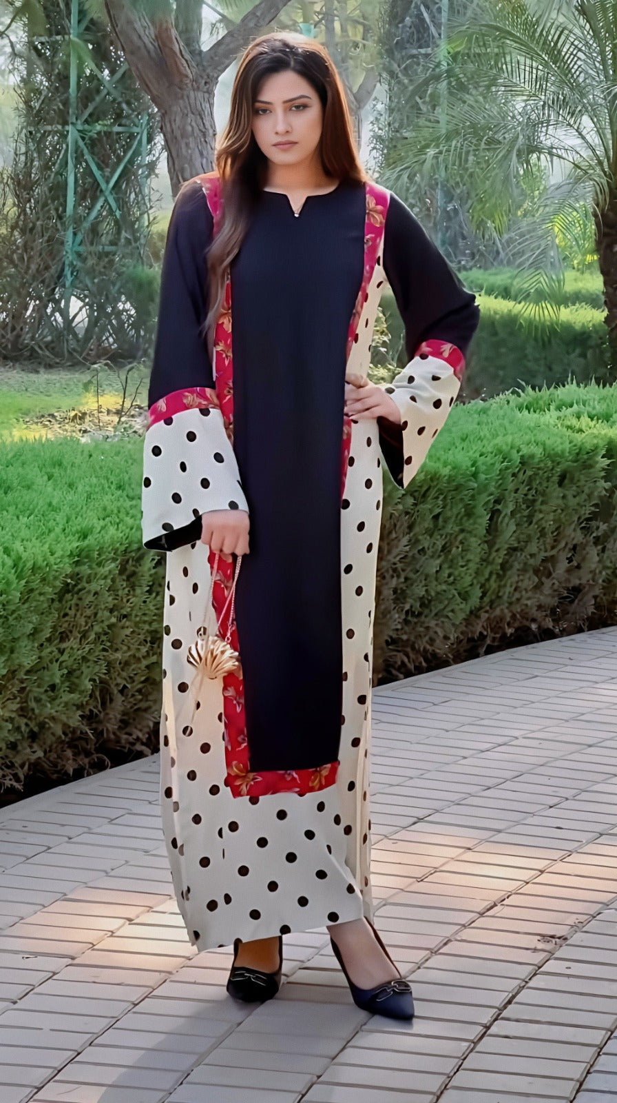 Yezwe Black Polka Accent Crepe Co-Ord Set – Premium Modest Wear