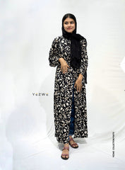 Yezwe Golden Floral Black Full Open Maxi Dress with Cloth Belt - Modest Wear