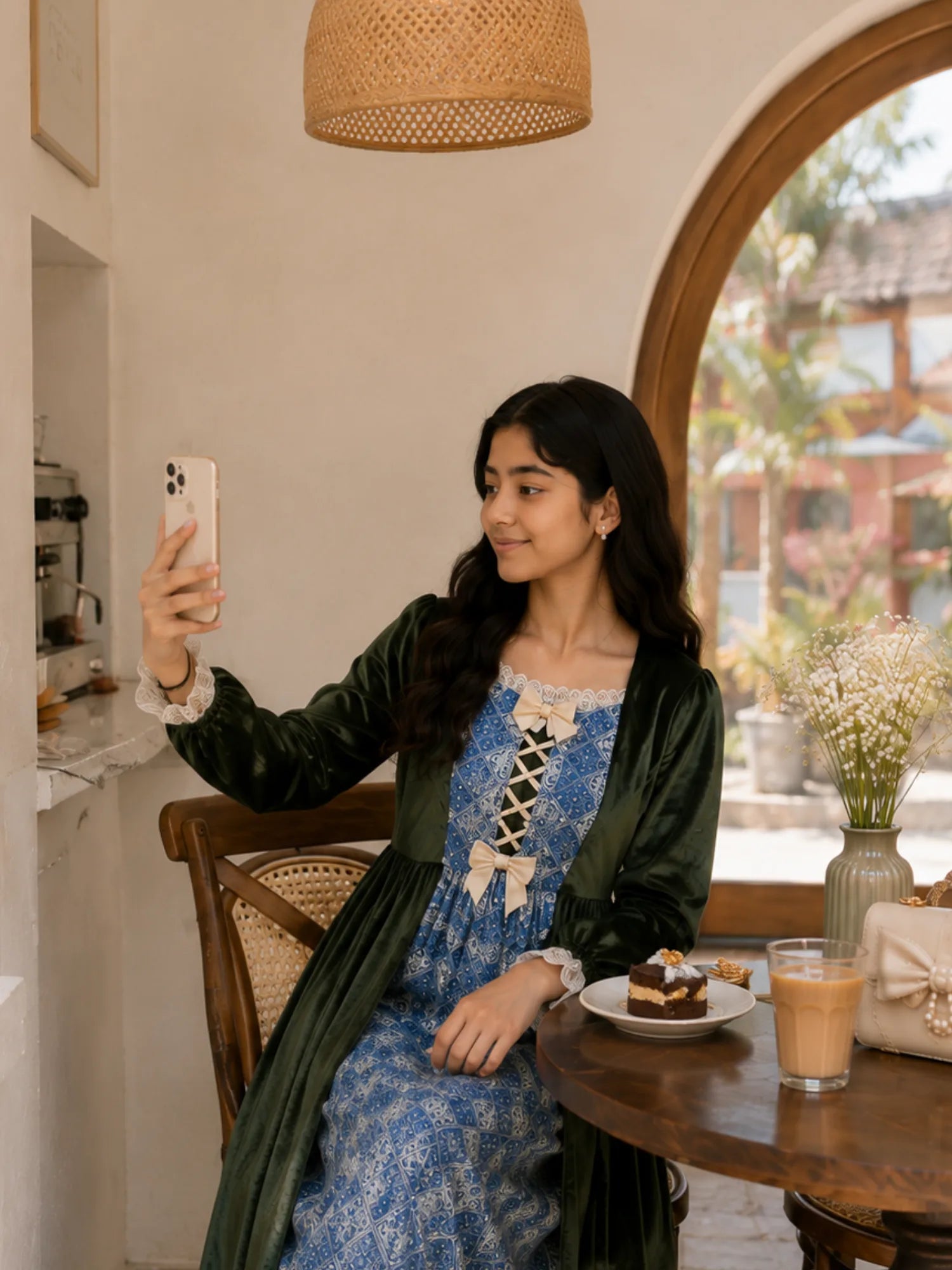 Junior girl wearing a modest green velvet and blue patterned maxi dress, sitting in a cozy café while taking a selfie with her phone.