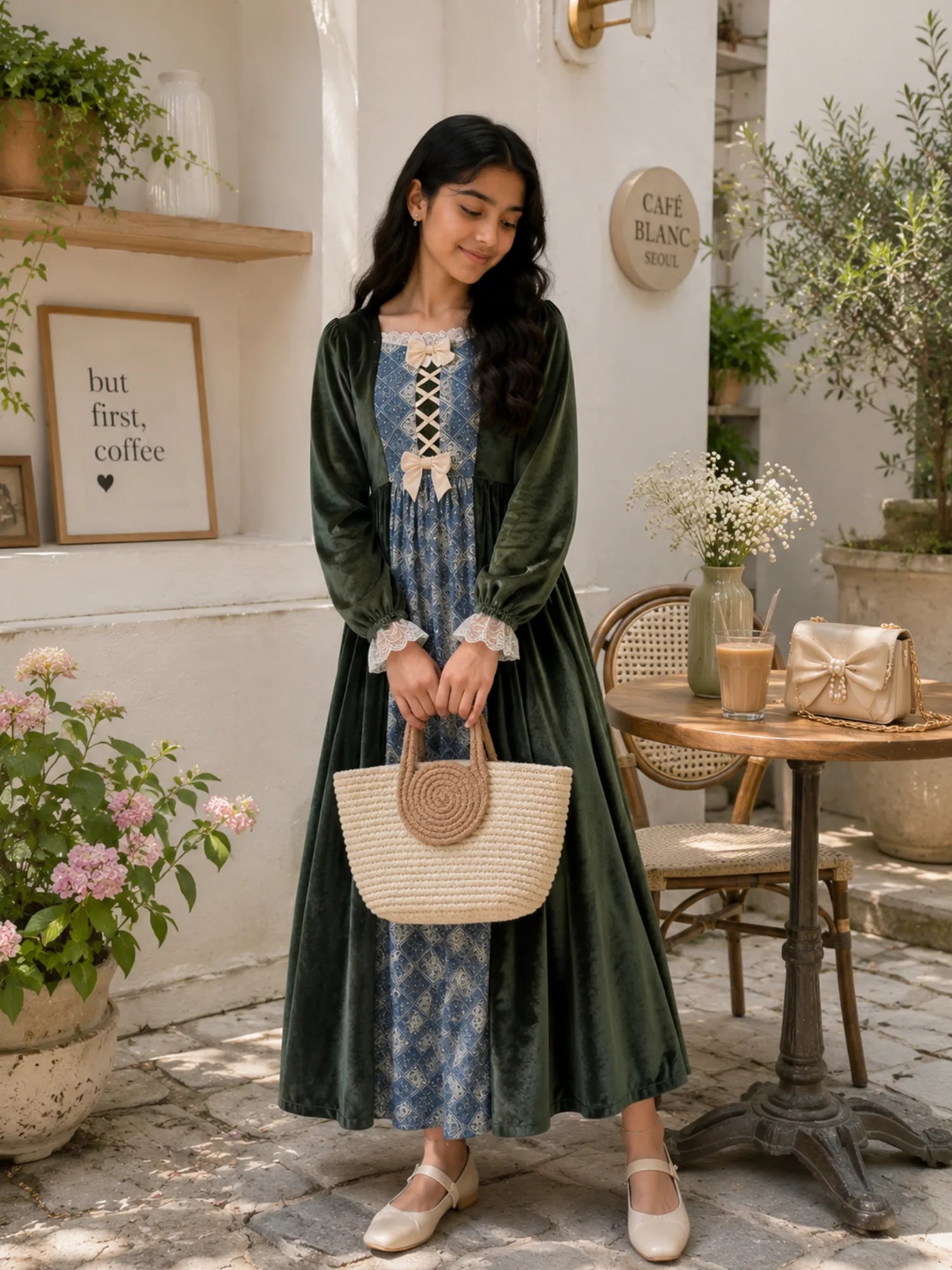 Junior girl wearing a modest green velvet and blue printed maxi dress with lace sleeve details, holding a woven handbag in a vintage outdoor café setting.