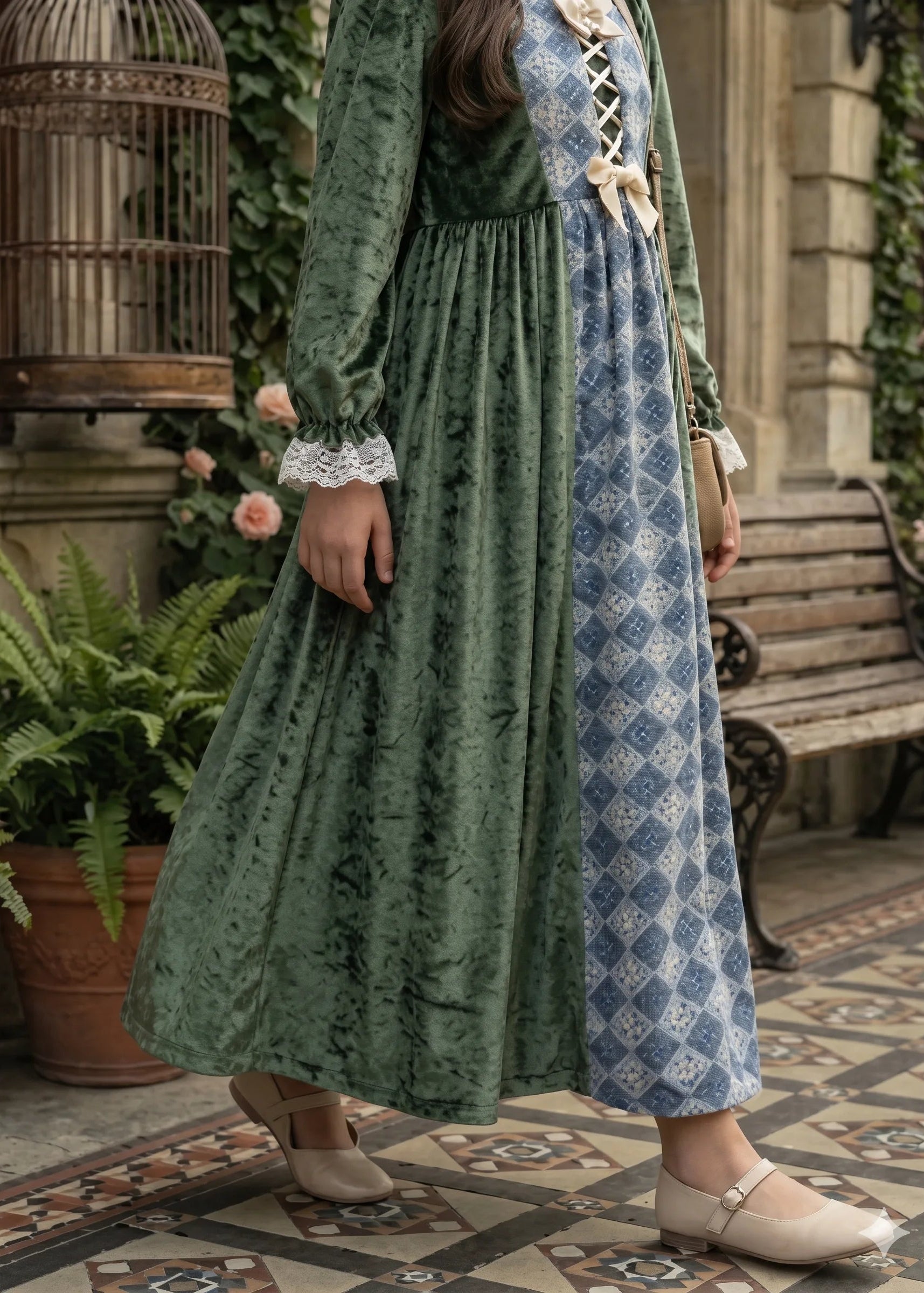 Close-up detail view of a vintage green coquette maxi dress with lace cuffs, patterned front panel, and soft velvet texture for junior girls.