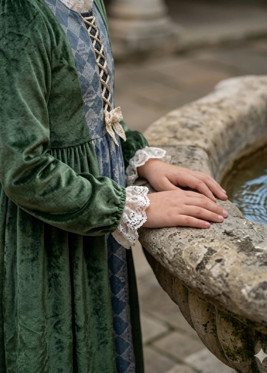 Close-up view of lace cuff detailing and velvet texture on a vintage green coquette maxi dress for junior girls.