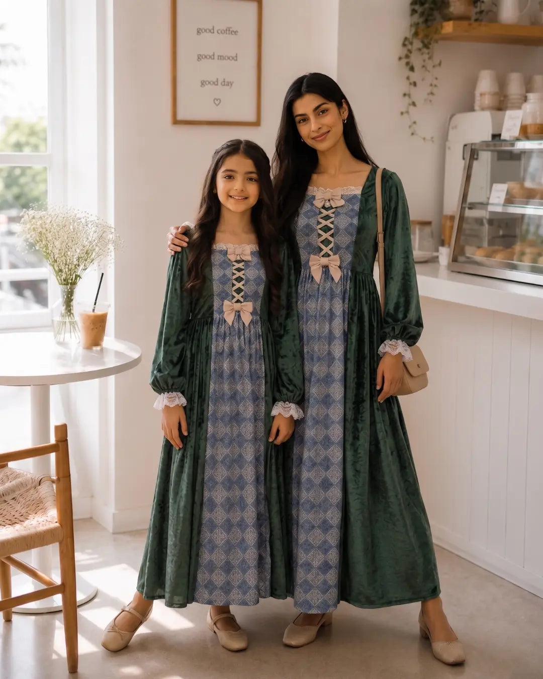 YEZWE Mom & Daughter Vintage Green Coquette Maxi Dress Combo