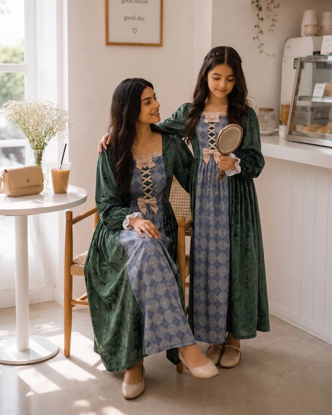 YEZWE Mom & Daughter Vintage Green Coquette Maxi Dress Combo YEZWE Mom & Daughter Vintage Green Coquette Maxi Dress Combo