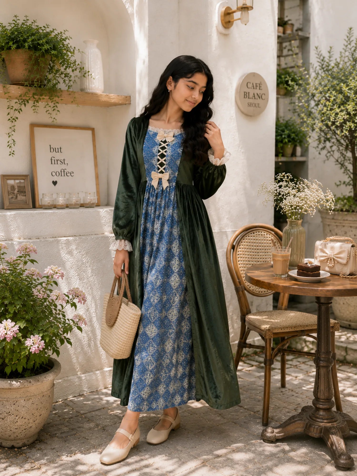 Woman wearing a modest green velvet and blue patterned maxi dress with long sleeves, standing in an elegant outdoor café setting with a vintage aesthetic.