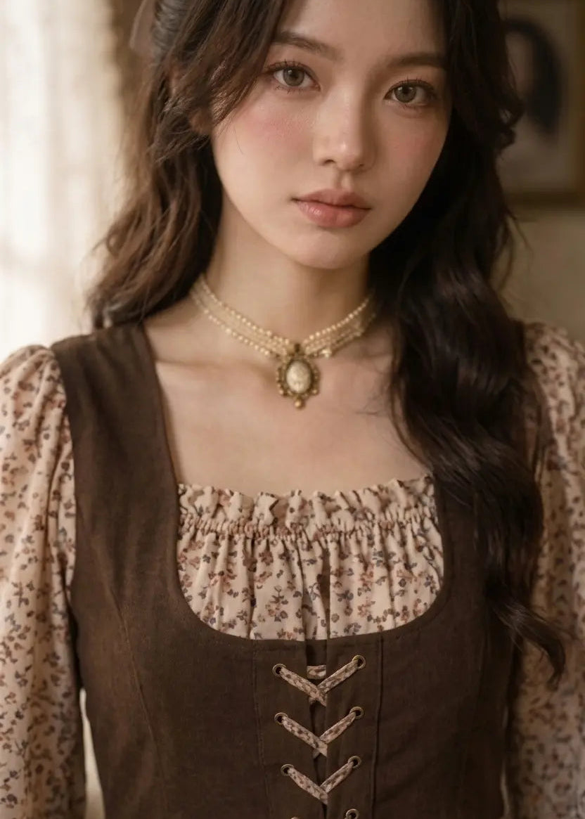 Close-up view of a woman wearing a beige floral Linen Lux dress with coffee brown corduroy bodice and lace-up detailing.