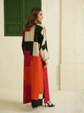 Abstract Print Modest Longline Top | Soft Cotton Rayon Blend back view featuring colorful geometric design