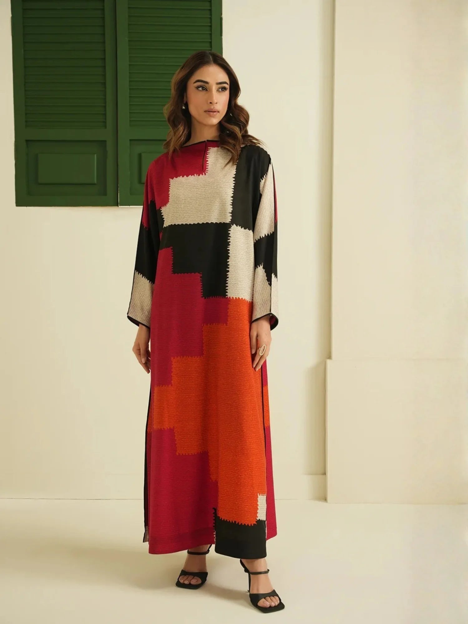 Abstract Print Modest Longline Top | Soft Cotton Rayon Blend full length view with bold colors