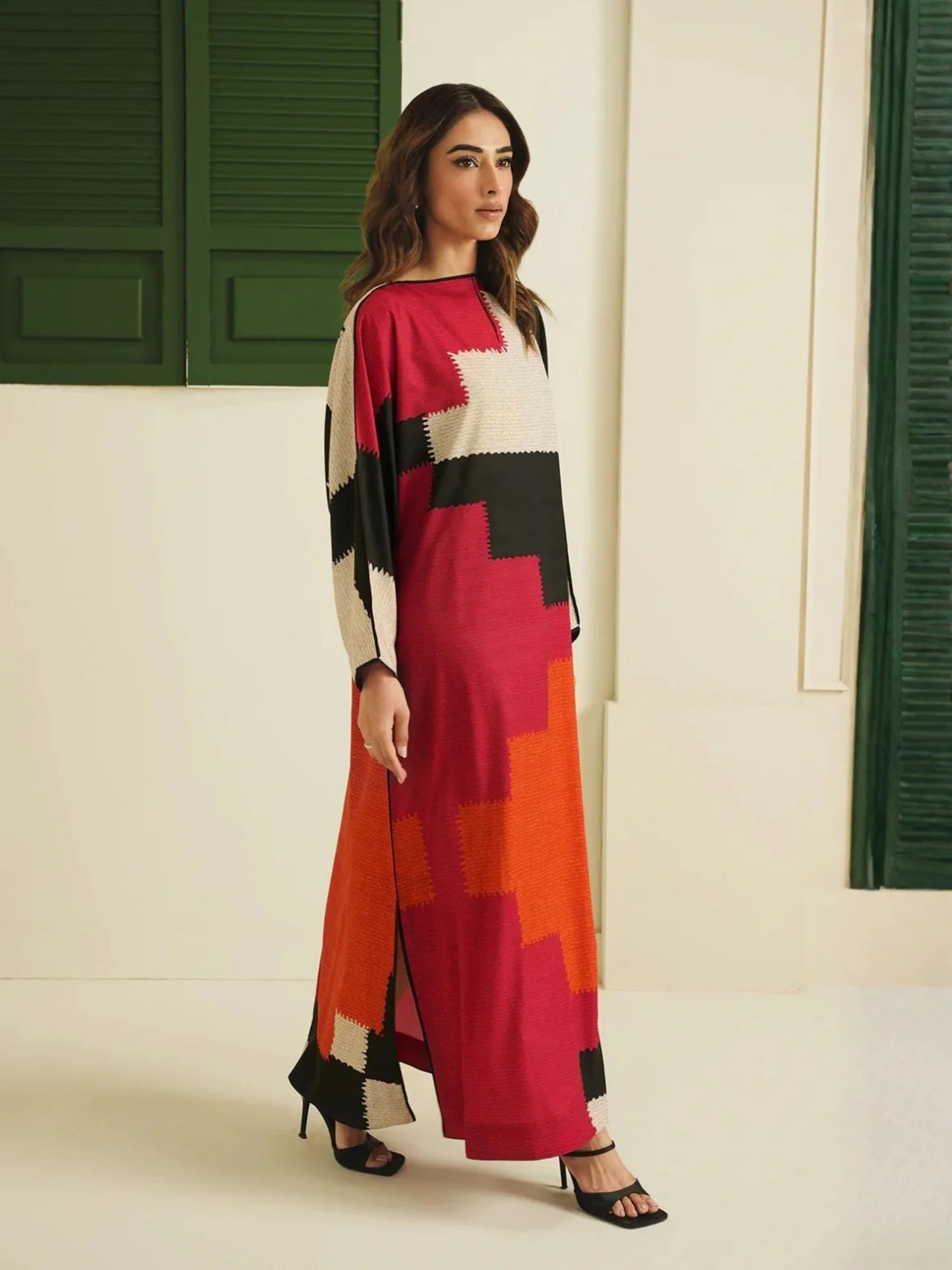 Abstract Print Modest Longline Top | Soft Cotton Rayon Blend side slit detail for comfortable wear