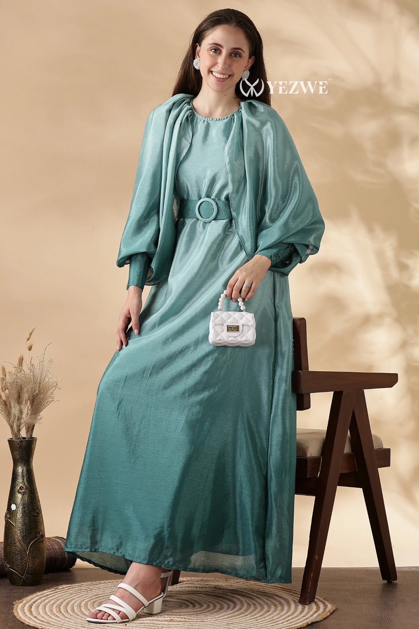 Affordable modest green maxi dresses online with stylish belt and elegant sleeves by YEZWE