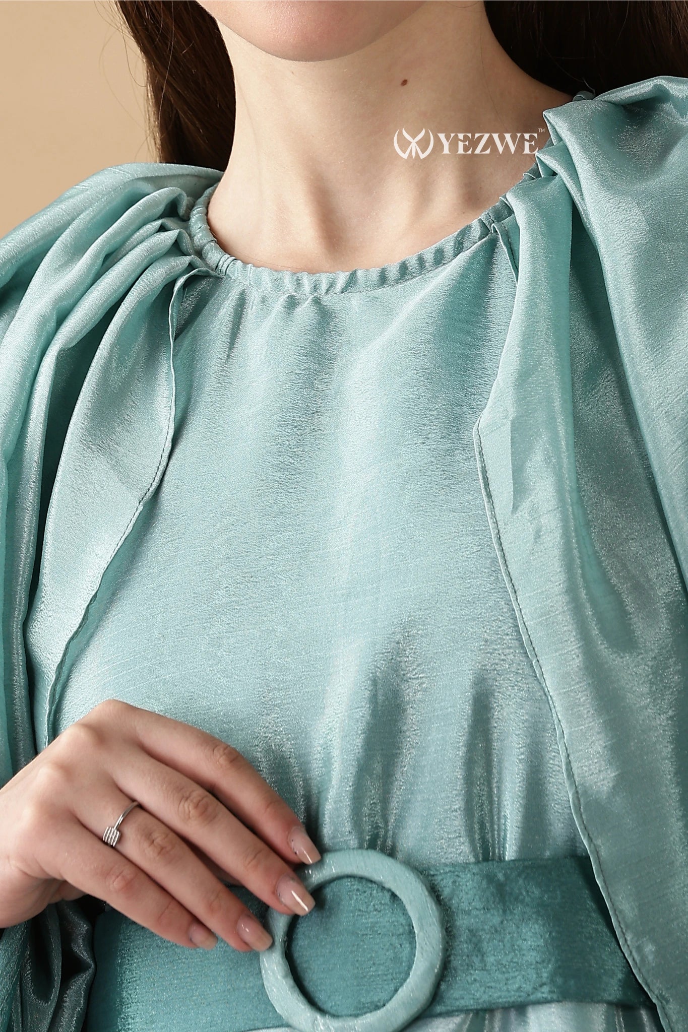Affordable modest green maxi dresses online with elegant design and belt detail from YEZWE
