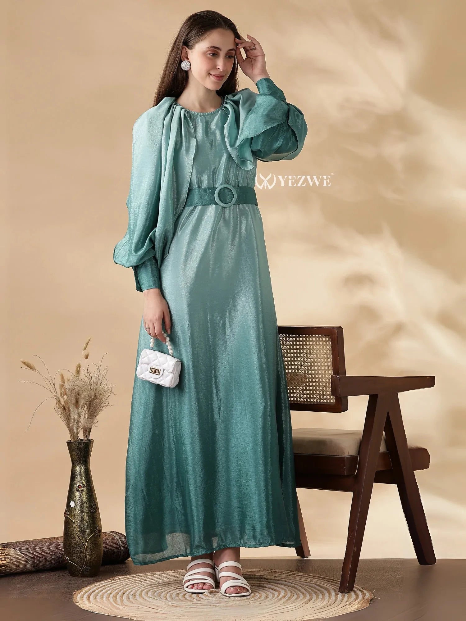 Affordable modest green maxi dresses online with a stylish belt and puff sleeves from YEZWE