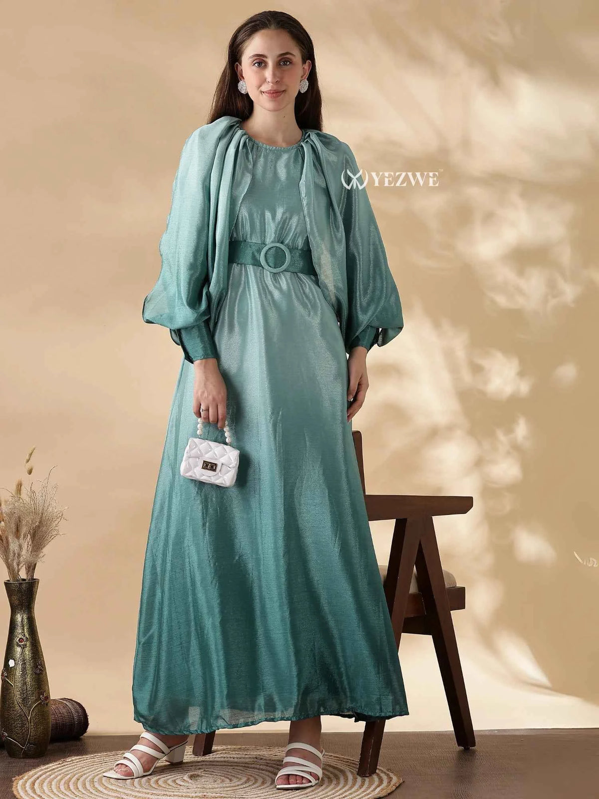 Affordable modest green maxi dresses online featuring a stylish belted design and flowing sleeves