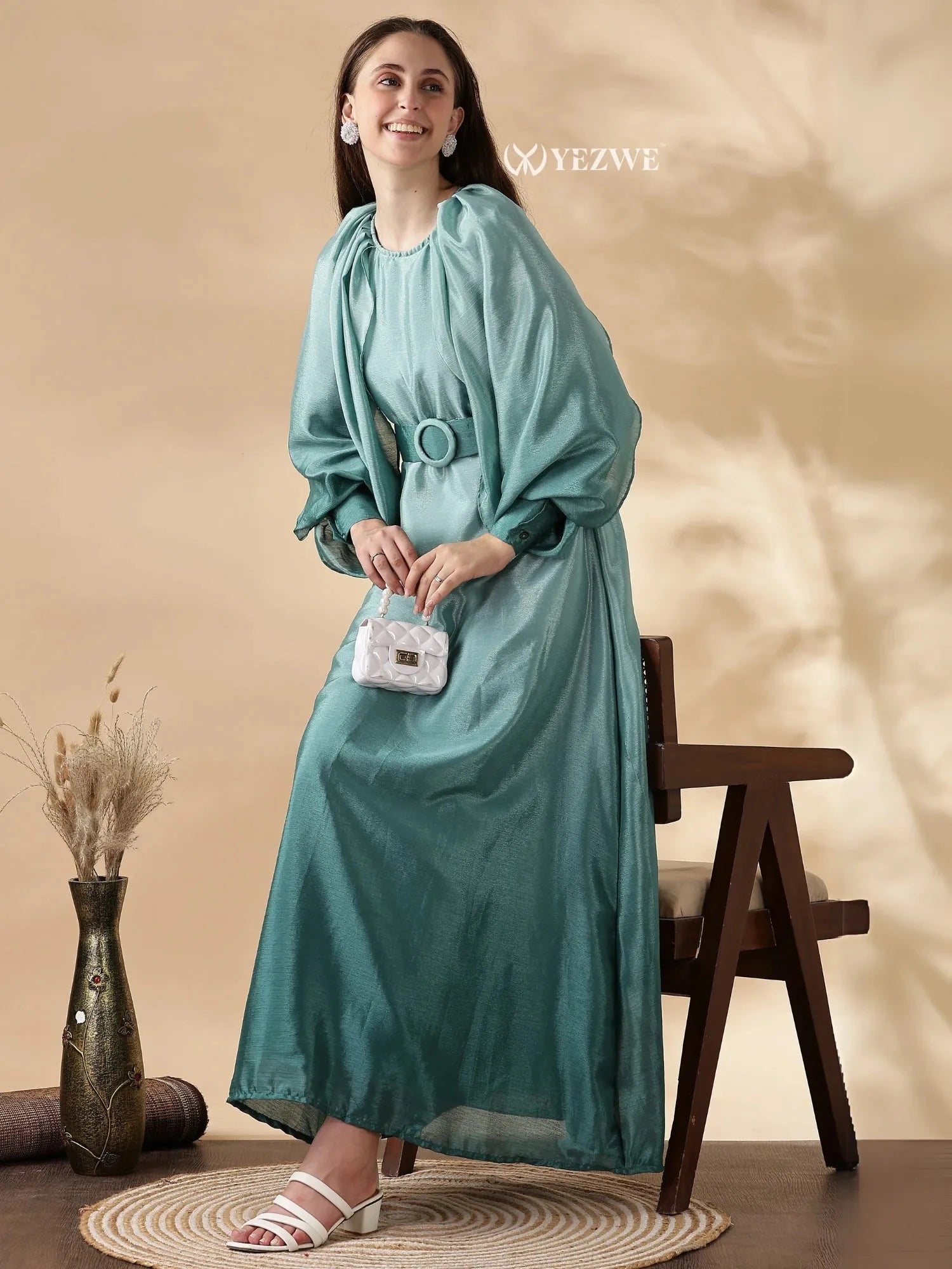 YEZWE affordable modest green maxi dresses online with elegant design and belted waist