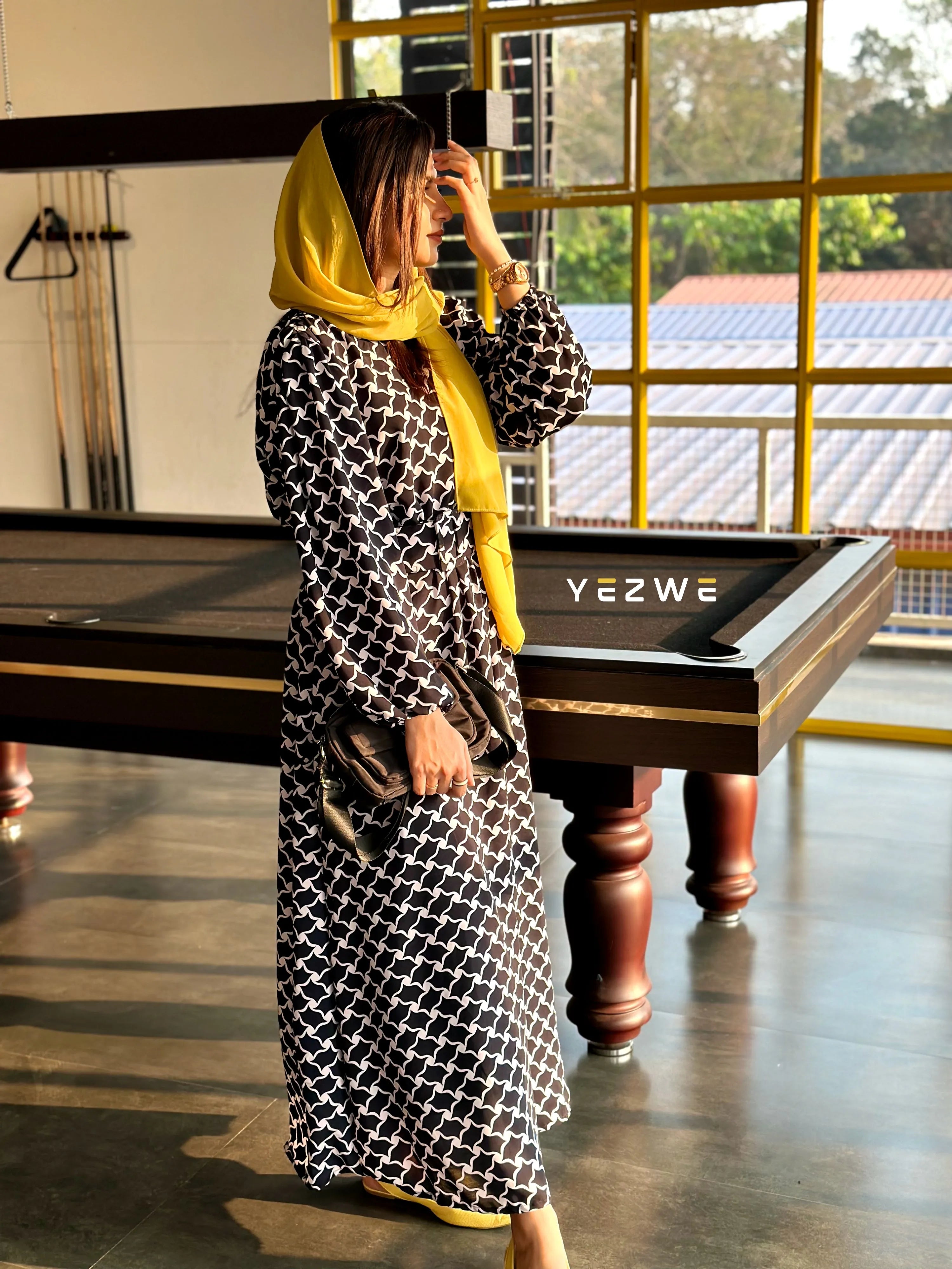 Yezwe Dark Navy Blue Classy Maxi Dress with Belt and Shoulder Puff - Modest Wear - YEZWE