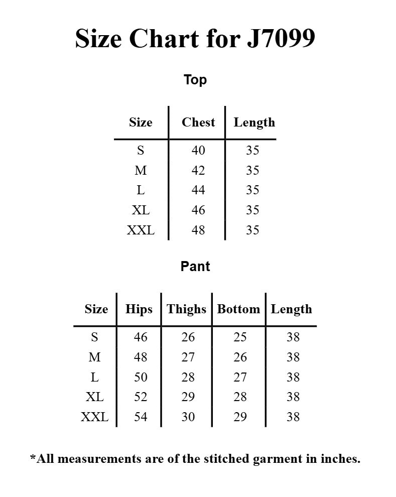 Size chart for black embroidered co-ord set in signature crepe fabric by Yezwe (SKU YZ7099)