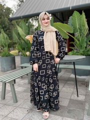 Yezwe Black Maxi Dress Modest Wear with Geometric Pattern and Long Sleeves for Elegant Outings