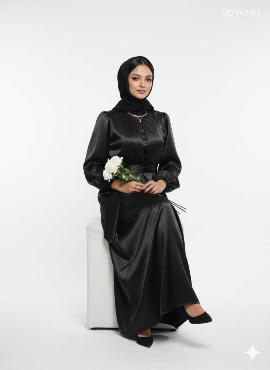 Black Satin Maxi Dress by Yezwe featuring a stylish design with a modest silhouette and elegant details