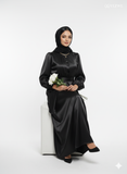 Black Satin Maxi Dress by Yezwe featuring a stylish design with a modest silhouette and elegant details