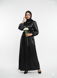 Elegant Black Satin Maxi Dress by Yezwe with puff sleeves and a waist tie, perfect for special occasions