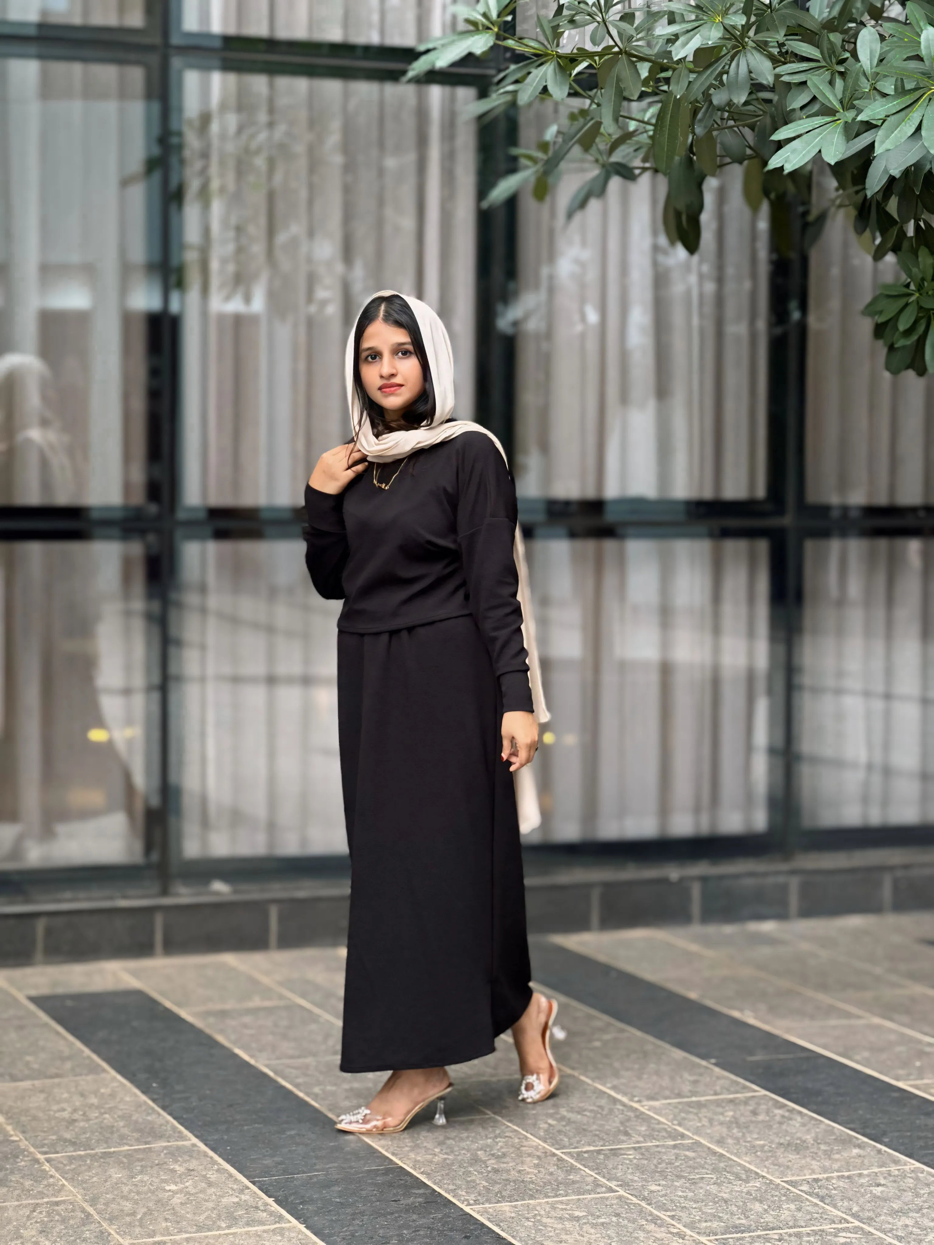 Elegant black Turkish top and skirt ensemble with matching scarf for stylish women