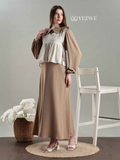 YEZWE Light Mocha Brown Cey Layered Modest Maxi Dress with Hakoba Shrug
