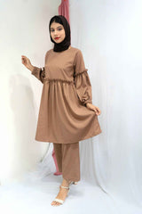 Yezwe Brown Co-ord Set Modest Wear featuring a flowy top with puff sleeves and matching pants for a stylish look