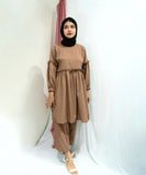 Brown Co-ord Set Modest Wear by Yezwe featuring a long-sleeve top with gathered detailing and matching loose pants
