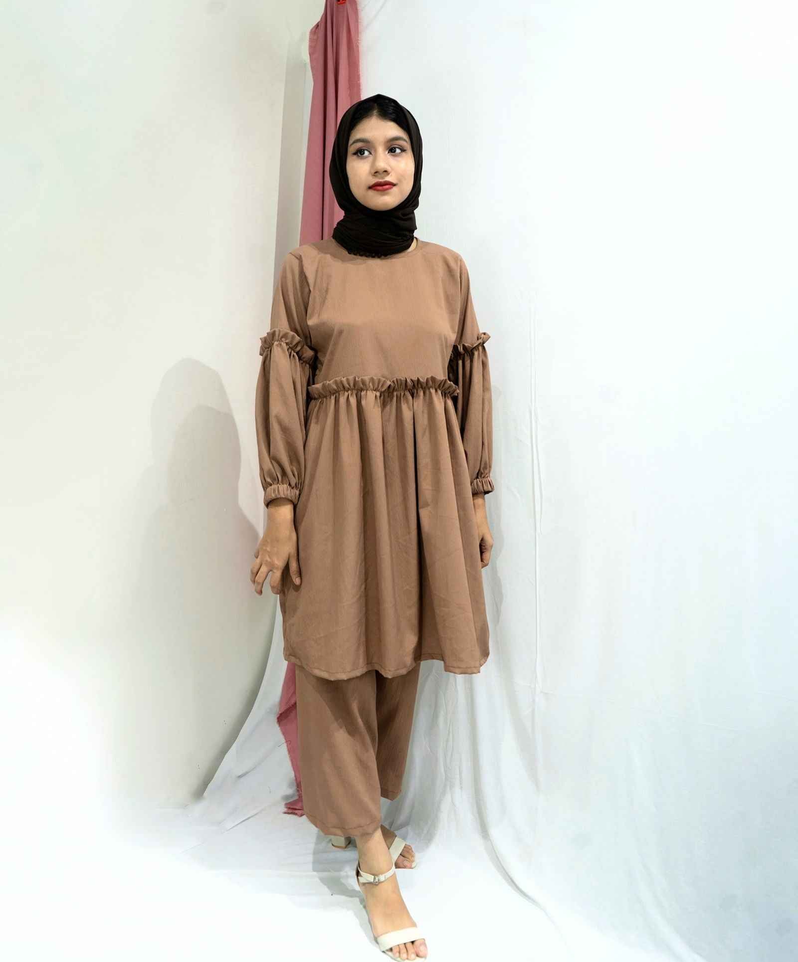 Yezwe Brown Co-ord Set Modest Wear featuring a stylish top and comfortable pants for a chic look