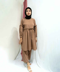 Yezwe Brown Co-ord Set Modest Wear featuring a stylish top and comfortable pants for a chic look