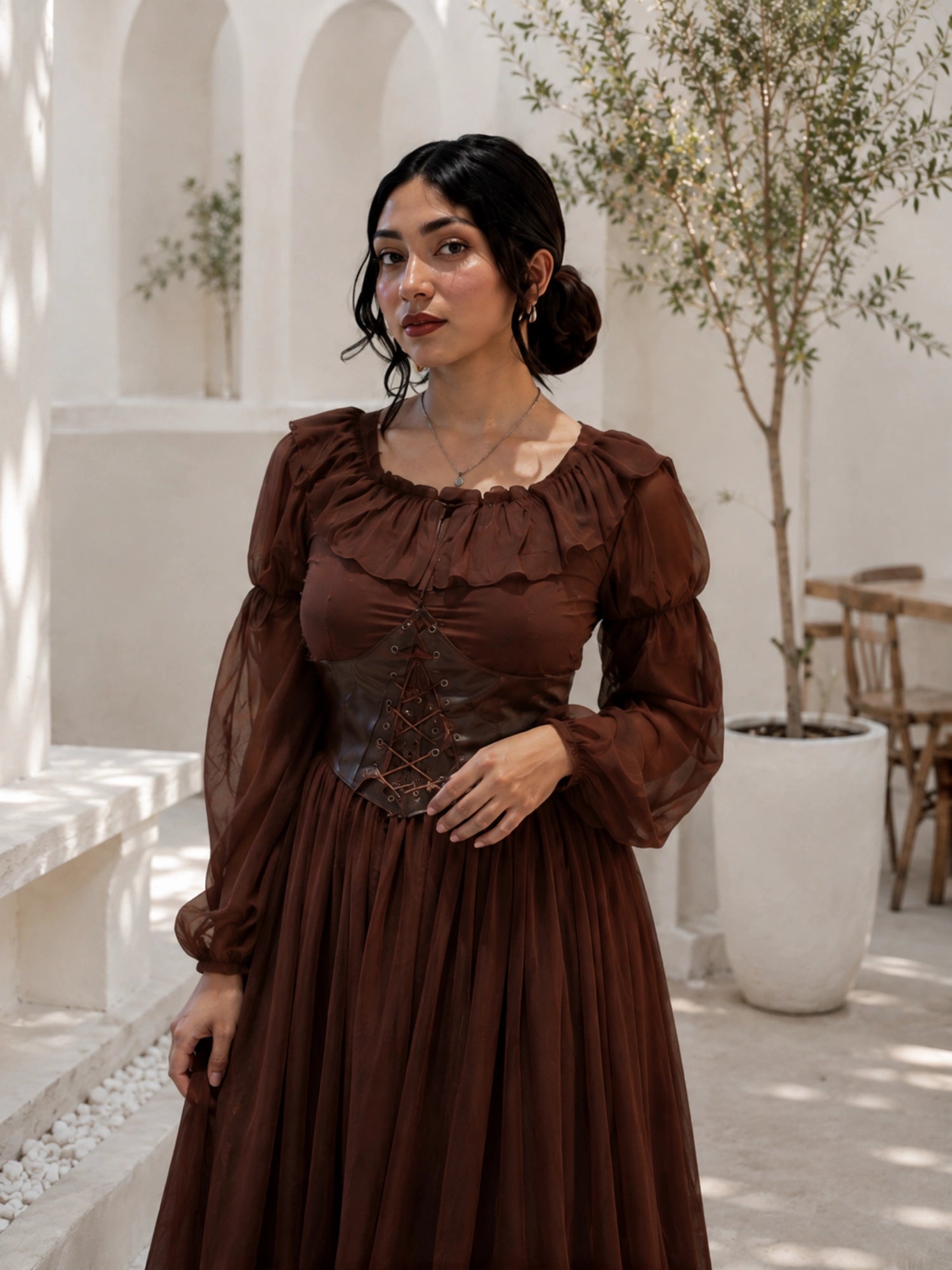 Brown corset maxi dress by YEZWE with puff sleeves and lace-up detail for a stylish look
