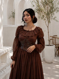 Brown corset maxi dress by YEZWE with puff sleeves and lace-up detail for a stylish look