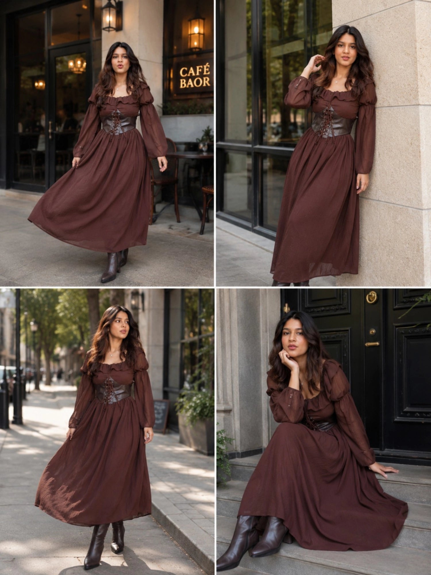 Brown corset maxi dress by YEZWE with long sleeves and flowy skirt, styled with boots