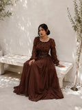 YEZWE brown corset maxi dress with long sleeves and ruffled details, perfect for elegant occasions