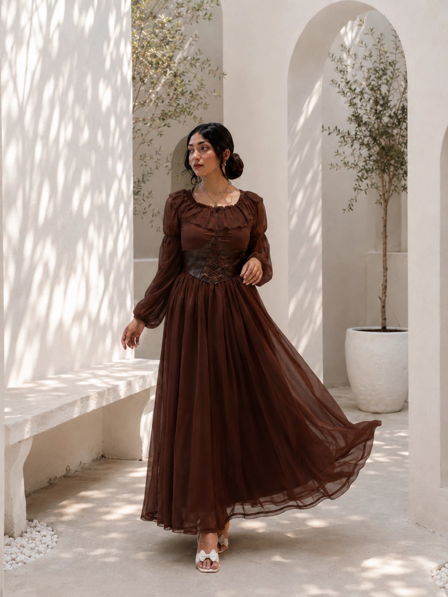 Brown corset maxi dress with puff sleeves for an elegant and stylish look