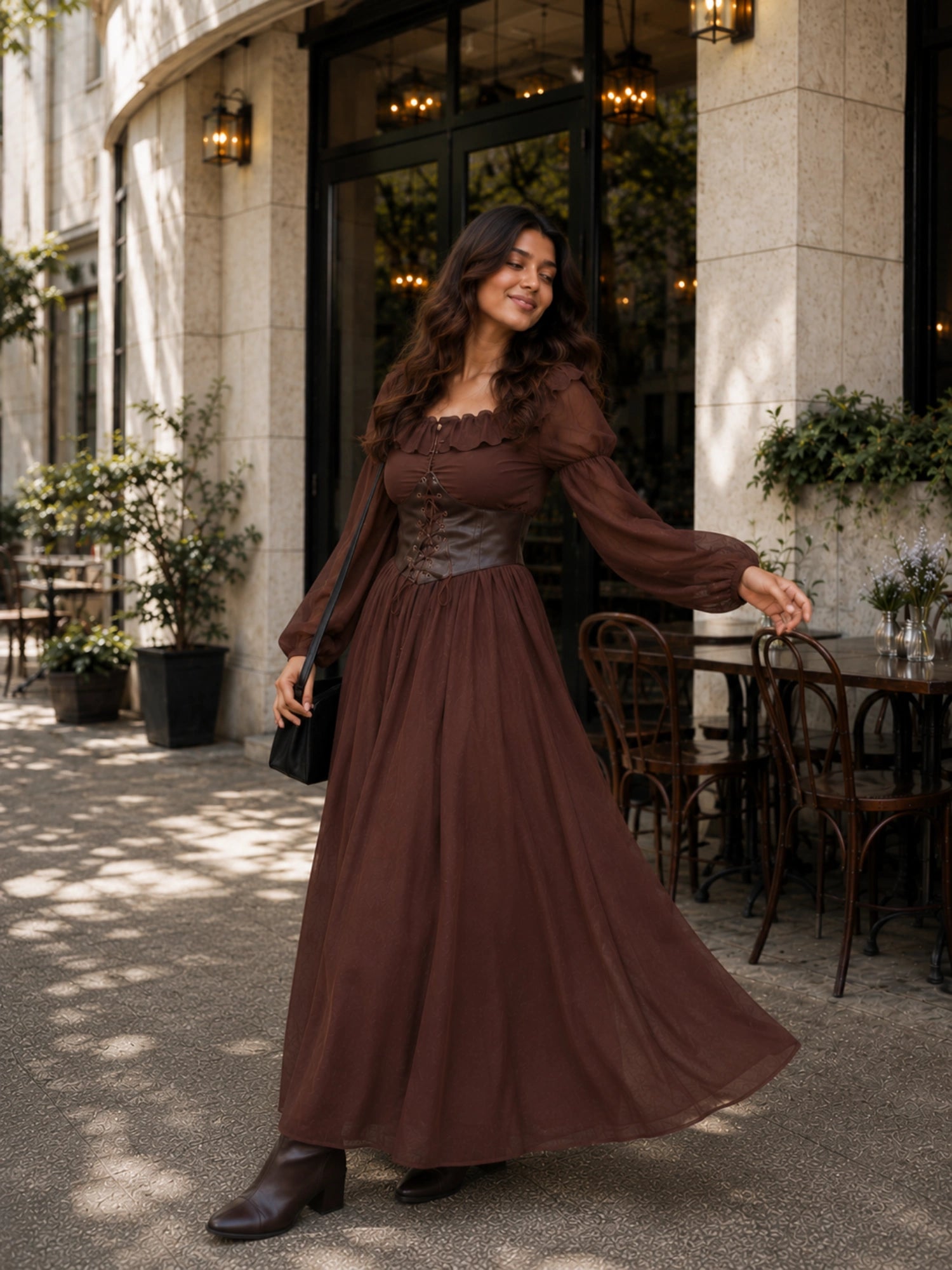 YEZWE brown corset maxi dress with long sleeves and a flowing skirt perfect for summer outings