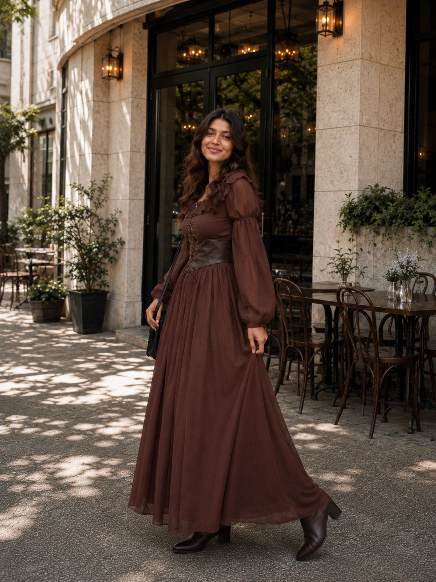 YEZWE brown corset maxi dress with long sleeves and flowy skirt, perfect for stylish outings