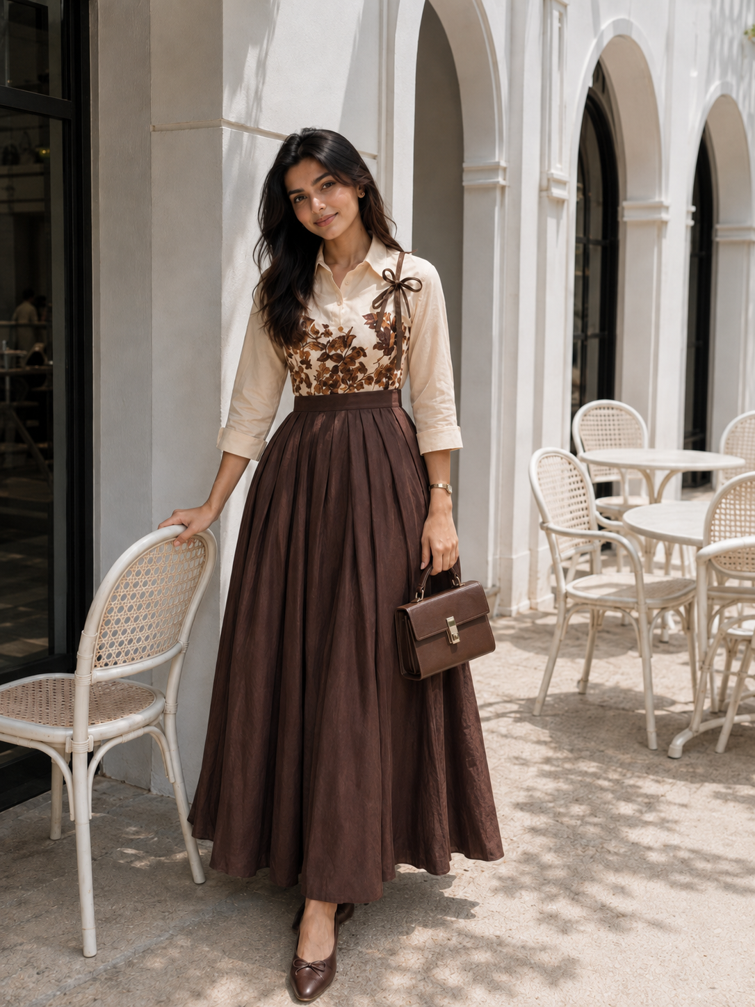 Brown modest skirt and top vintage outfit featuring floral embroidery and a chic design