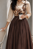 Brown modest skirt and top vintage outfit featuring floral details and a classic style