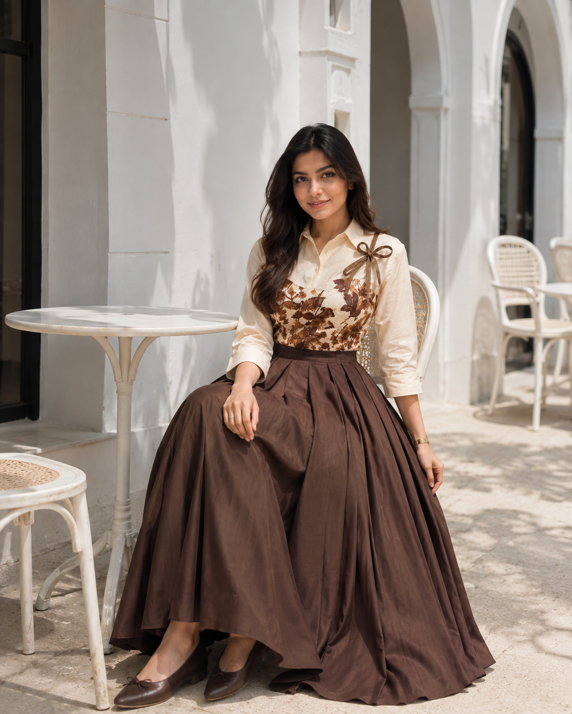 Brown modest skirt and top vintage outfit with floral embroidery, perfect for casual outings