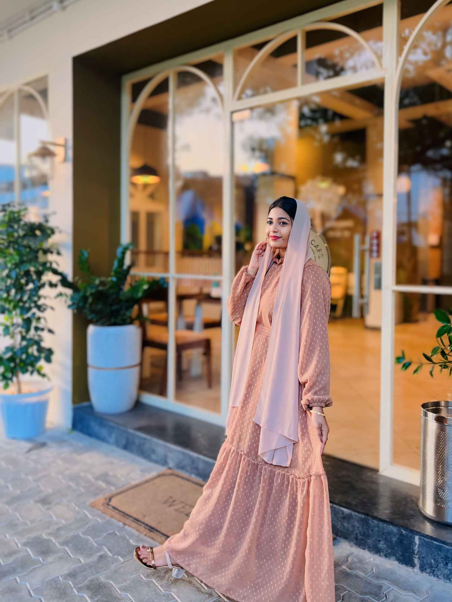 Brown Textured Maxi Dress with Ruffle Neck - Yezwe Modest Wear