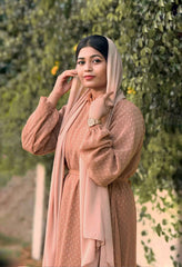 Brown Textured Maxi Dress with Ruffle Neck - Yezwe Modest Wear