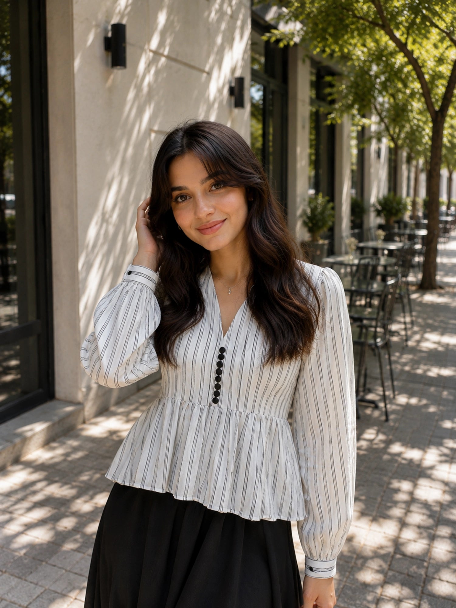 Classic Striped Peplum Top & Black Maxi Skirt Co-ord Set for Women with long sleeves and button details